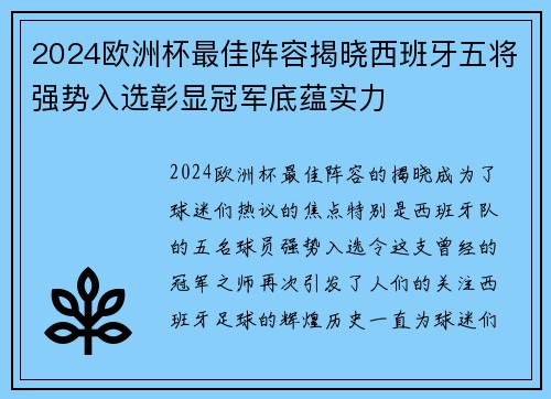 2024欧洲杯最佳阵容揭晓西班牙五将强势入选彰显冠军底蕴实力 2024欧洲杯最佳阵容揭晓西班牙五将强势入选彰显冠军底蕴实力